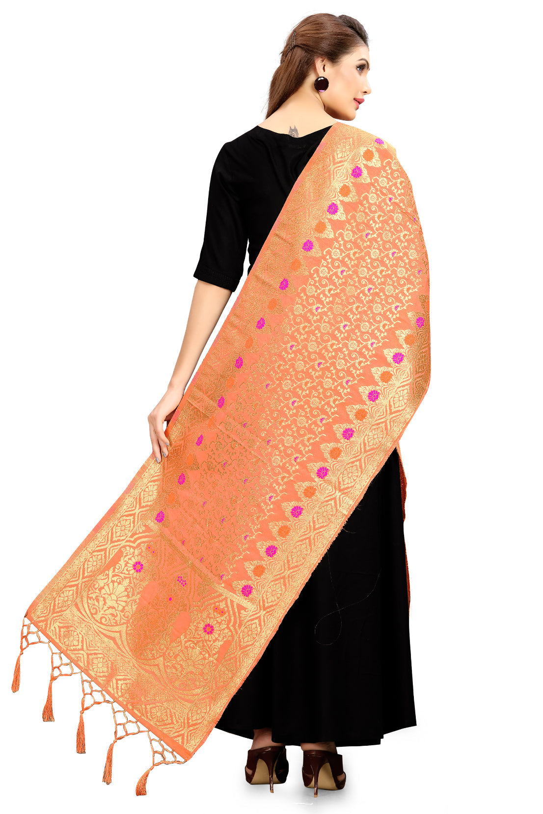 Peach Banarasi Art Silk Woven Dupatta