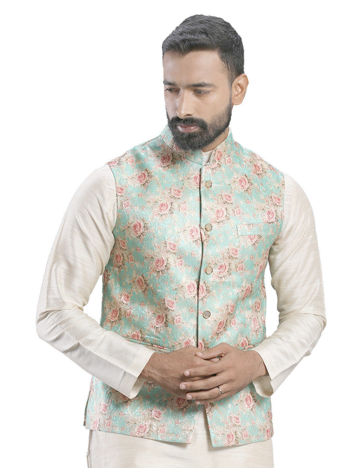 Men's Green  Nehru Jacket Satin Jodhpuri Mandarin Collar Sleeveless Floral Print Waistcoat