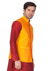 Men's Orange  Nehru Jacket Banglori Silk Jodhpuri Mandarin Collar Sleeveless Solid Waistcoat