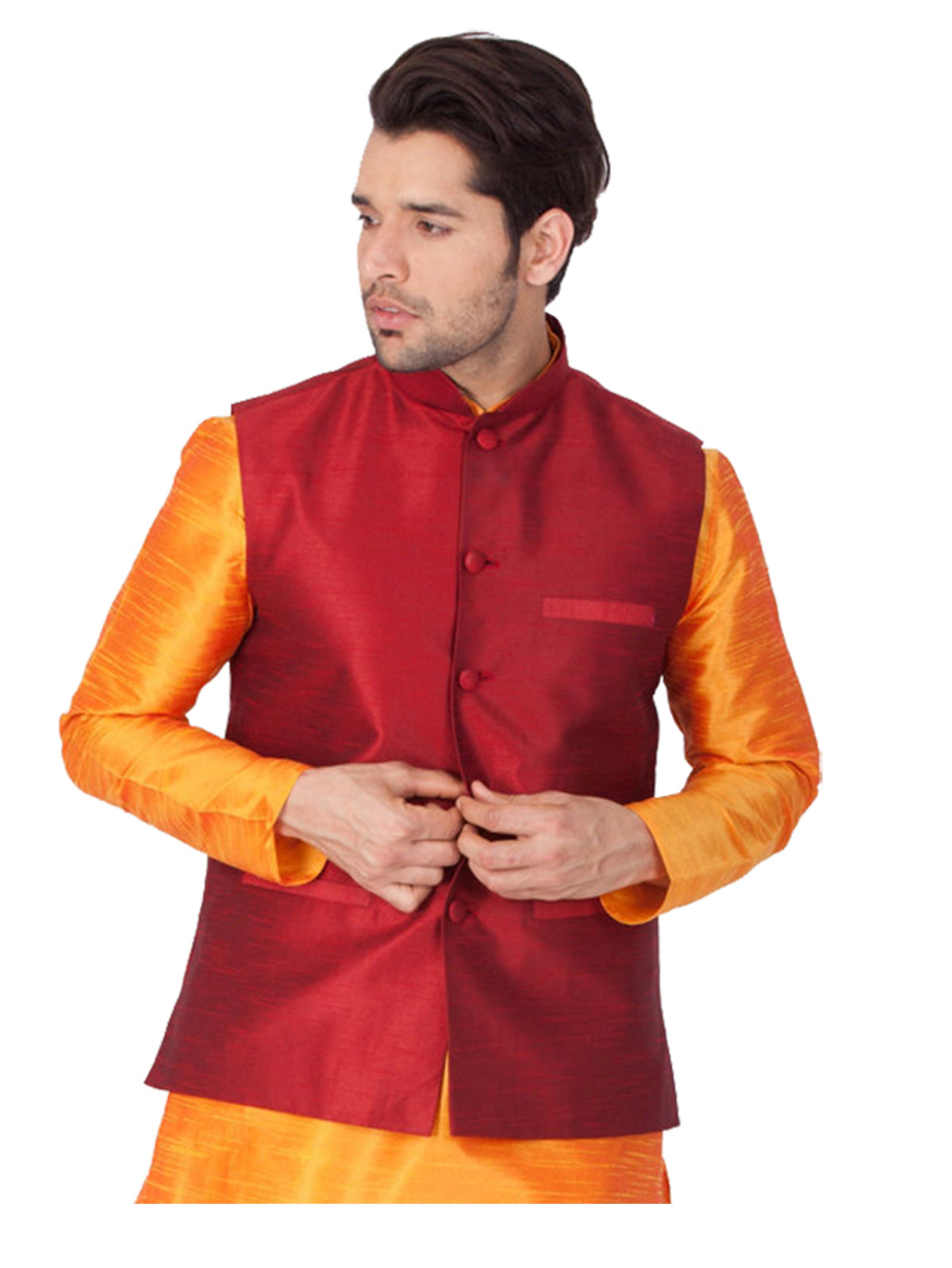 Men's Red  Nehru Jacket Banglori Silk Jodhpuri Mandarin Collar Sleeveless Solid Waistcoat