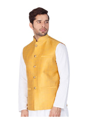 Men's Yellow  Nehru Jacket Cotton Jodhpuri Mandarin Collar Sleeveless Solid Waistcoat