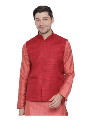 Men's Red  Nehru Jacket Banglori Silk Jodhpuri Mandarin Collar Sleeveless Solid Waistcoat