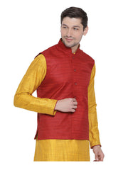 Men's Red  Nehru Jacket Banglori Silk Jodhpuri Mandarin Collar Sleeveless Solid Waistcoat