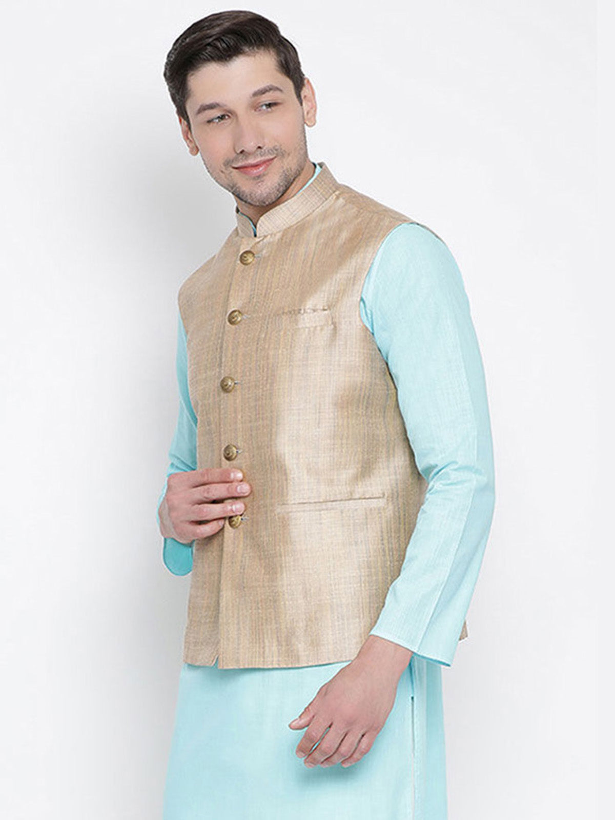 Men's Beige  Nehru Jacket Cotton Jodhpuri Mandarin Collar Sleeveless Solid Waistcoat