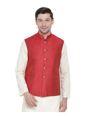 Men's Red  Nehru Jacket Banglori Silk Jodhpuri Mandarin Collar Sleeveless Solid Waistcoat