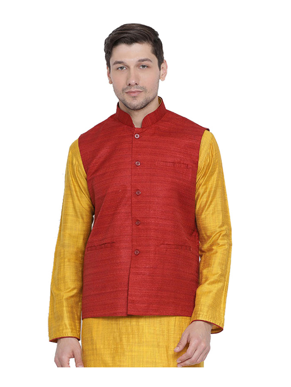 Men's Red  Nehru Jacket Banglori Silk Jodhpuri Mandarin Collar Sleeveless Solid Waistcoat