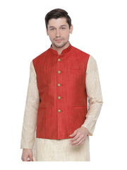 Veste Nehru rouge pour hommes Banglori soie Jodhpuri col Mandarin sans manches gilet solide