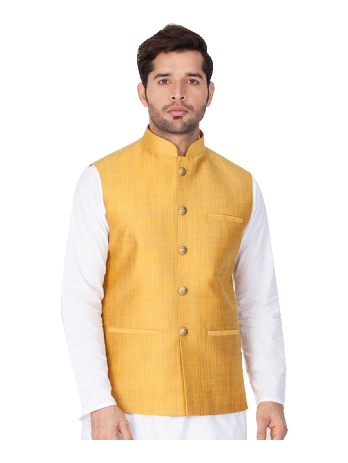 Men's Yellow  Nehru Jacket Cotton Jodhpuri Mandarin Collar Sleeveless Solid Waistcoat