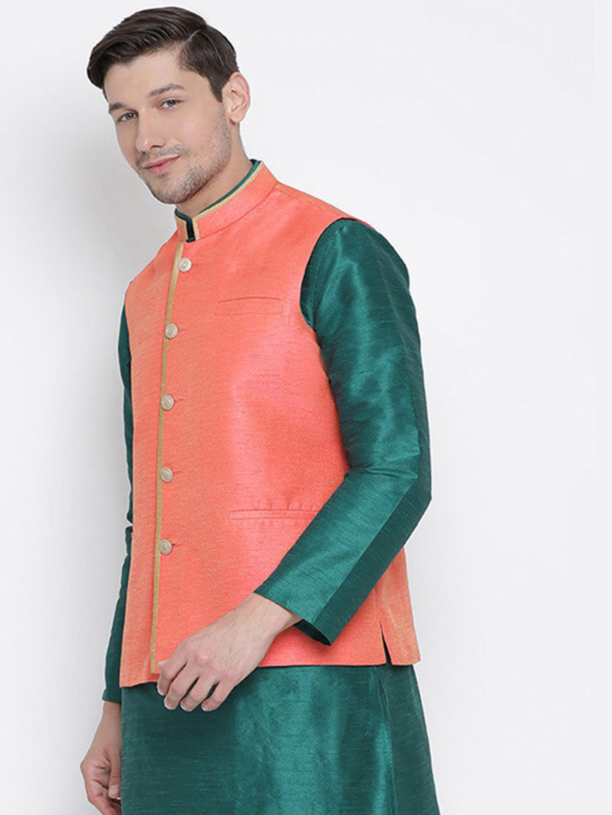 Men's Peach  Nehru Jacket Banglori Silk Jodhpuri Mandarin Collar Sleeveless Solid Waistcoat