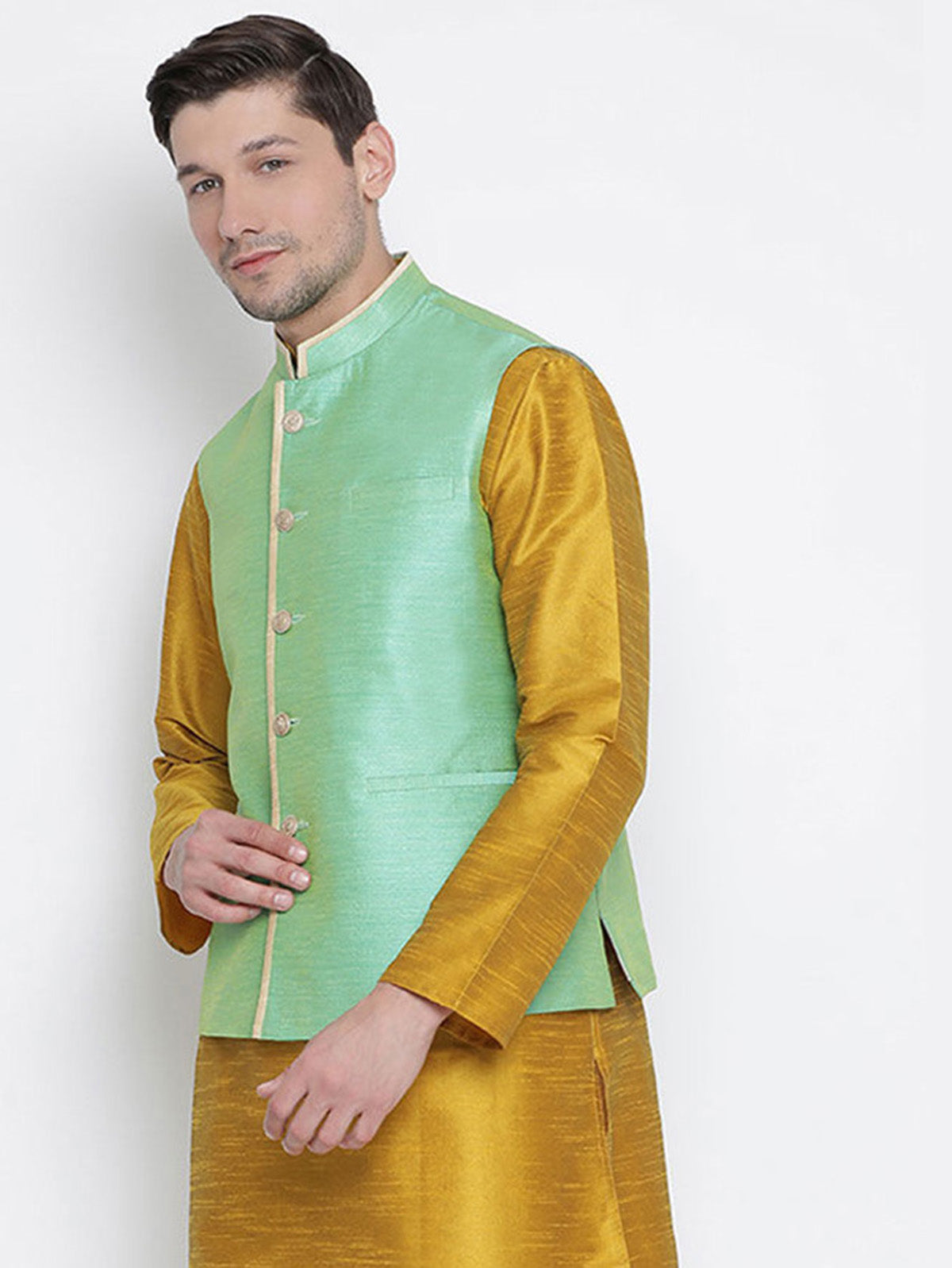 Men's Green  Nehru Jacket Banglori Silk Jodhpuri Mandarin Collar Sleeveless Solid Waistcoat