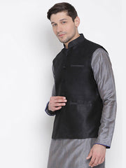 Men's Black  Nehru Jacket Banglori Silk Jodhpuri Mandarin Collar Sleeveless Solid Waistcoat