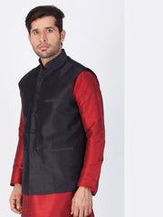 Veste Nehru noire pour homme en soie Banglori Jodhpuri col mandarin sans manches gilet uni