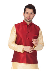 Men's Red  Nehru Jacket Banglori Silk Jodhpuri Mandarin Collar Sleeveless Solid Waistcoat