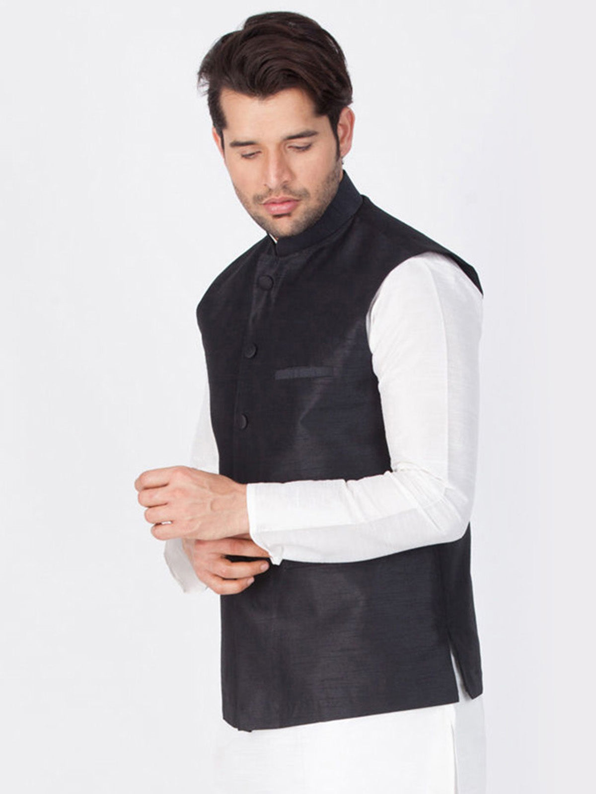 Men's Black  Nehru Jacket Banglori Silk Jodhpuri Mandarin Collar Sleeveless Solid Waistcoat