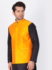 Men's Orange  Nehru Jacket Banglori Silk Jodhpuri Mandarin Collar Sleeveless Solid Waistcoat