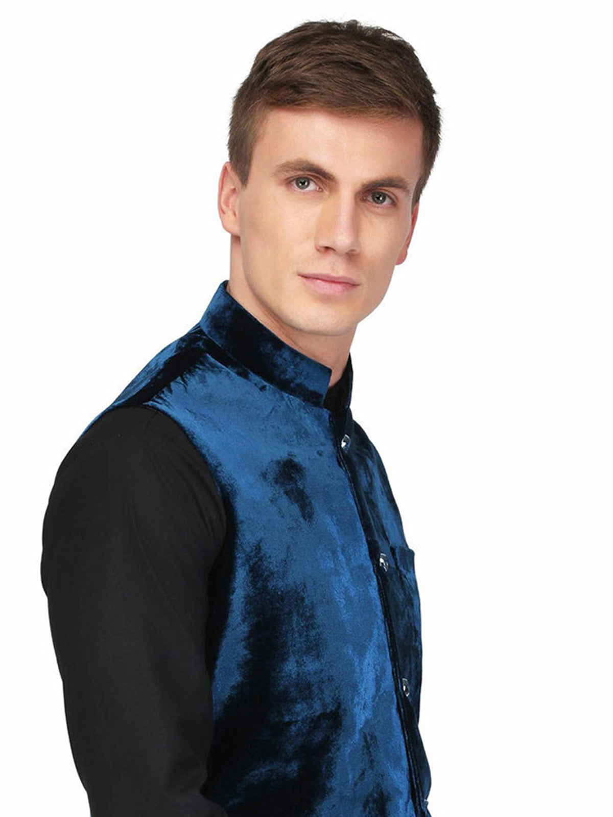 Veste Nehru bleu marine pour homme en velours Jodhpuri à col mandarin sans manches, gilet uni