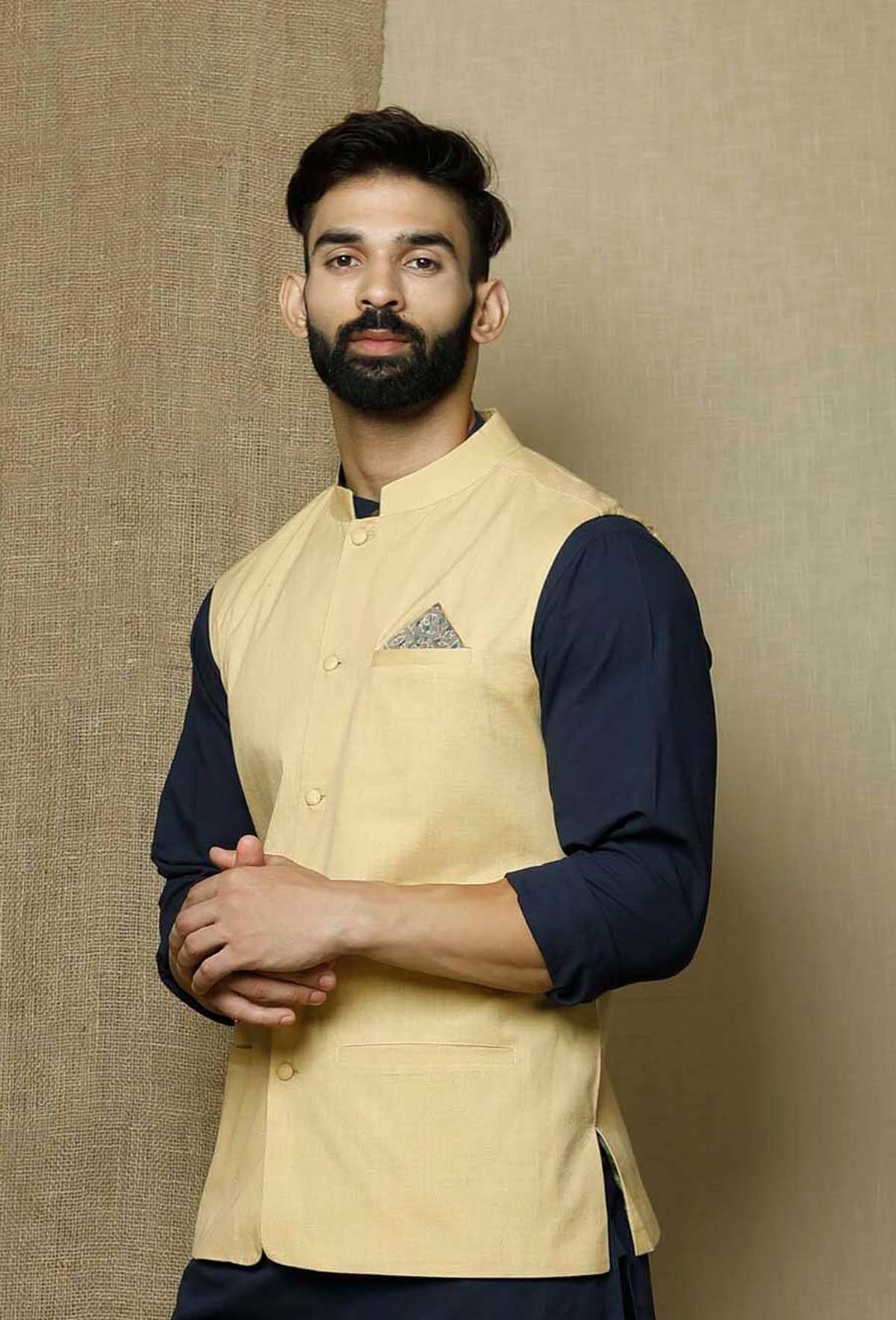 Men's Cream  Nehru Jacket Cotton Jodhpuri Mandarin Collar Sleeveless Solid Waistcoat