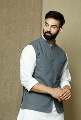 Men's Gray  Nehru Jacket Cotton Jodhpuri Mandarin Collar Sleeveless Solid Waistcoat