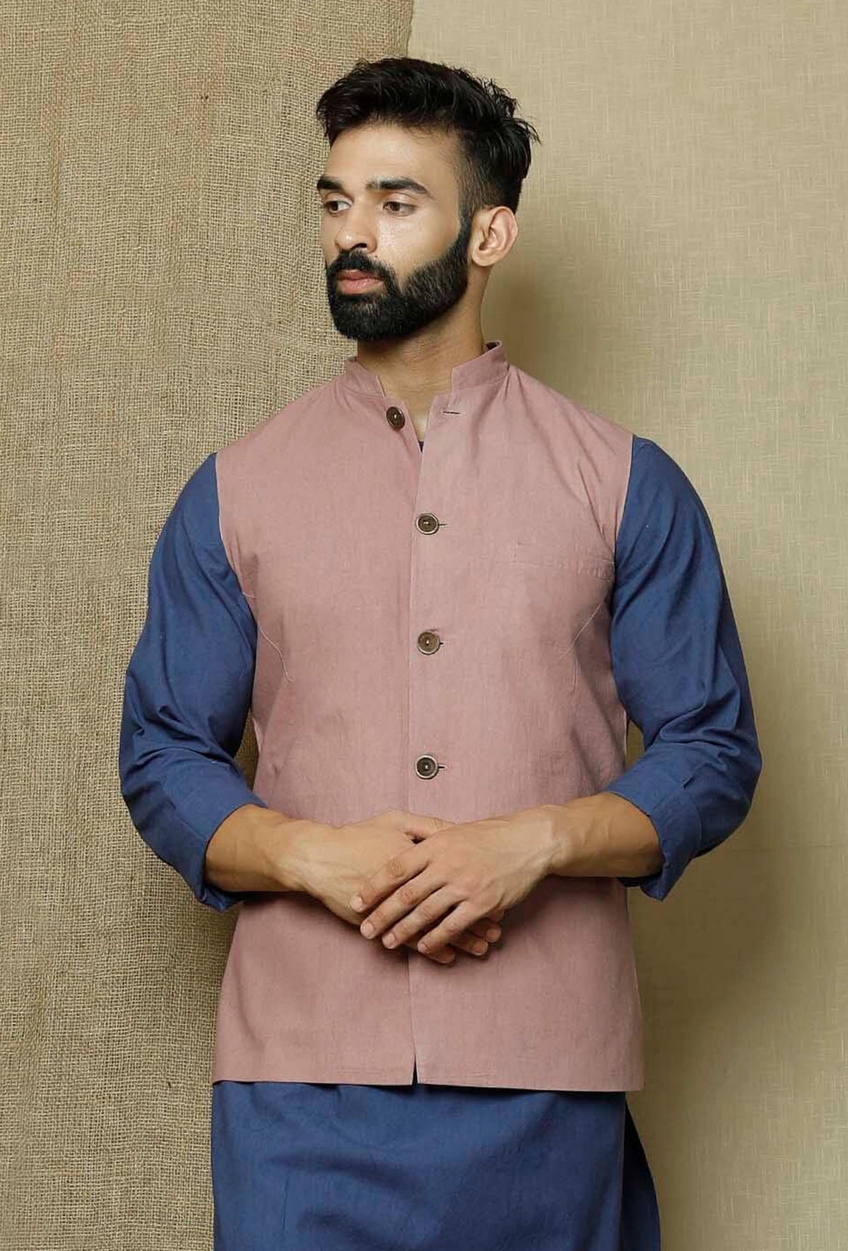 Men's Peach  Nehru Jacket Cotton Jodhpuri Round Neck Sleeveless Solid Waistcoat