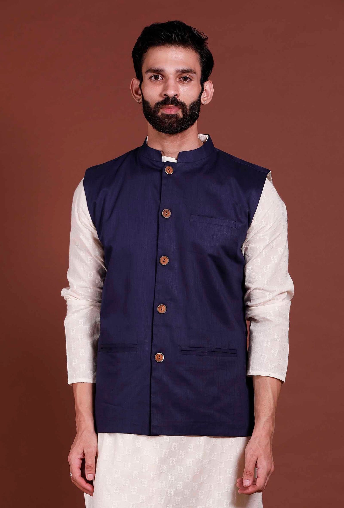 Men's Navy Blue  Nehru Jacket Cotton Jodhpuri Mandarin Collar Sleeveless Solid Waistcoat