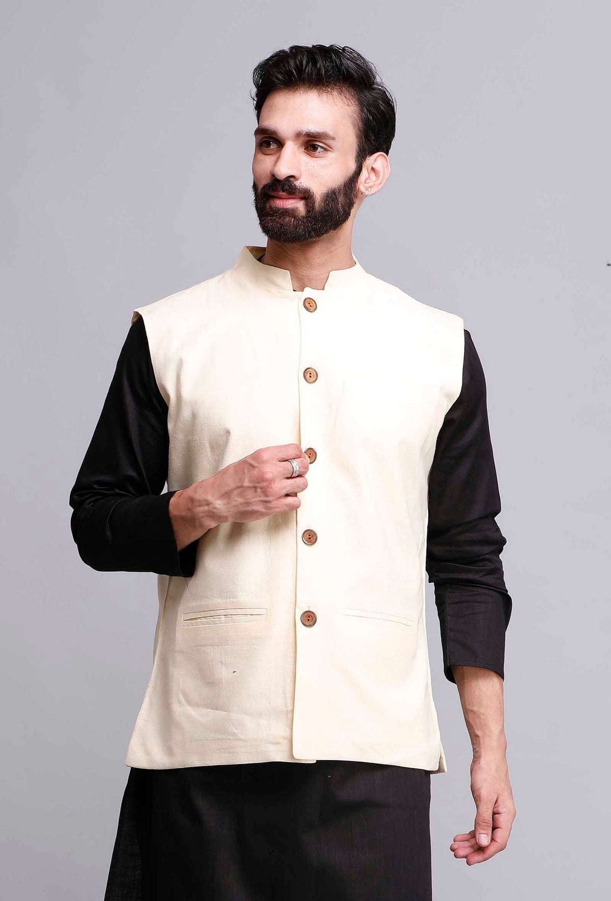 Men's Off White  Nehru Jacket Cotton Jodhpuri Mandarin Collar Sleeveless Solid Waistcoat