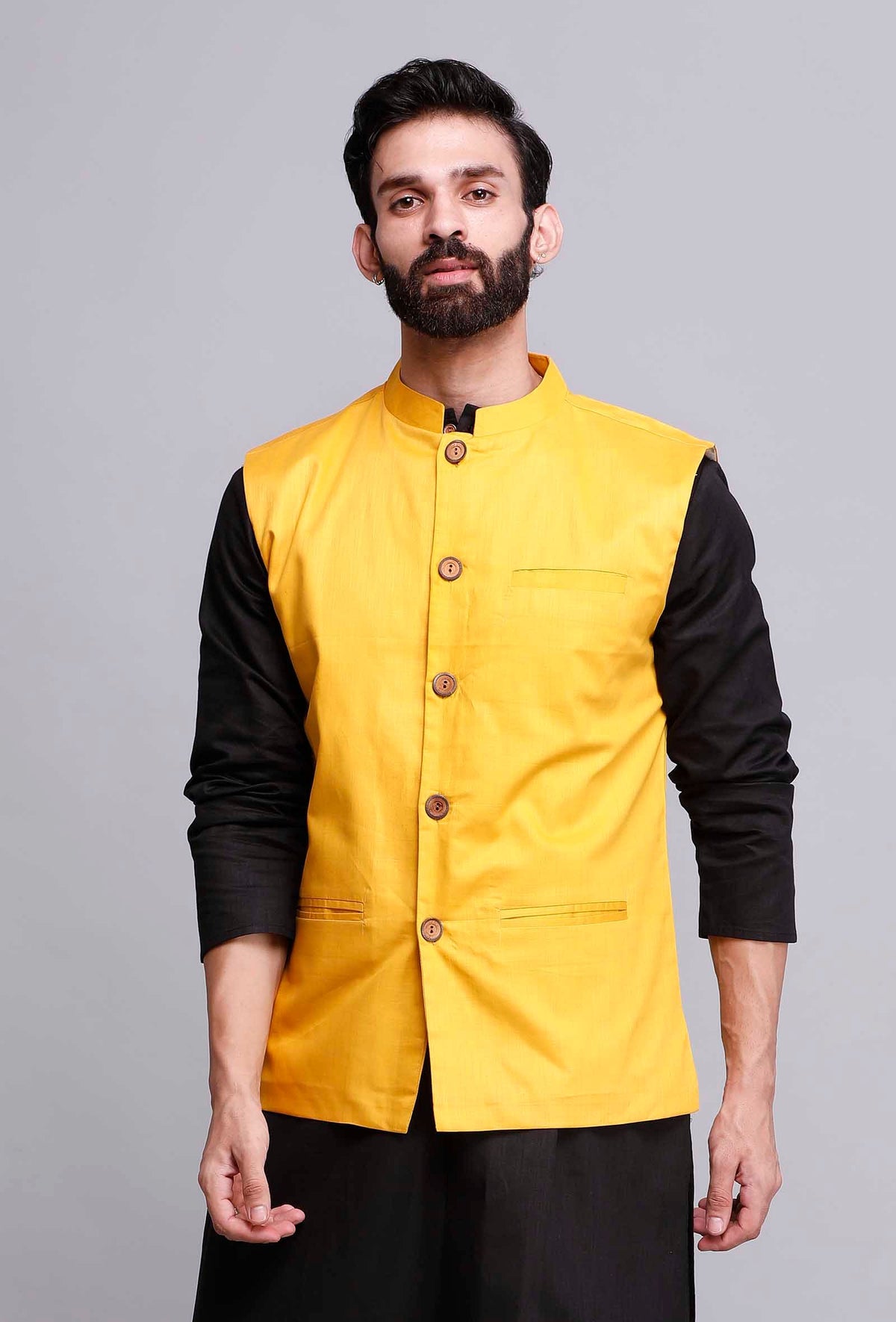 Men Yellow Cotton Solid Waistcoat