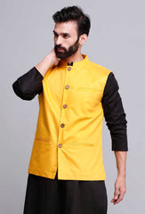 Men Yellow Cotton Solid Waistcoat