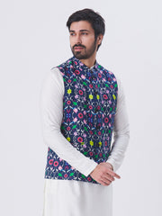 Men's Multi  Nehru Jacket Satin Jodhpuri Mandarin Collar Sleeveless Floral Print Waistcoat