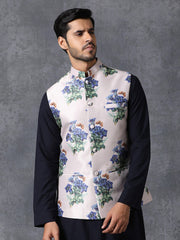 Men White Satin Jodhpuri Floral Print Waistcoat