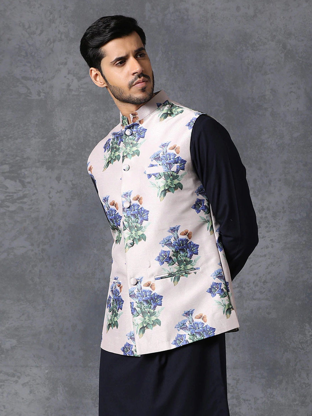 Men White Satin Jodhpuri Floral Print Waistcoat