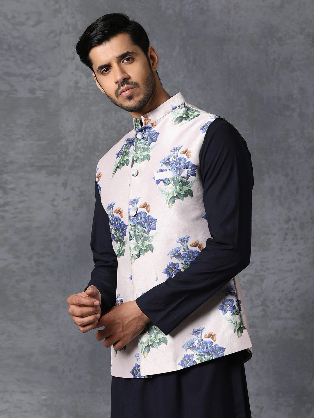 Men White Satin Jodhpuri Floral Print Waistcoat