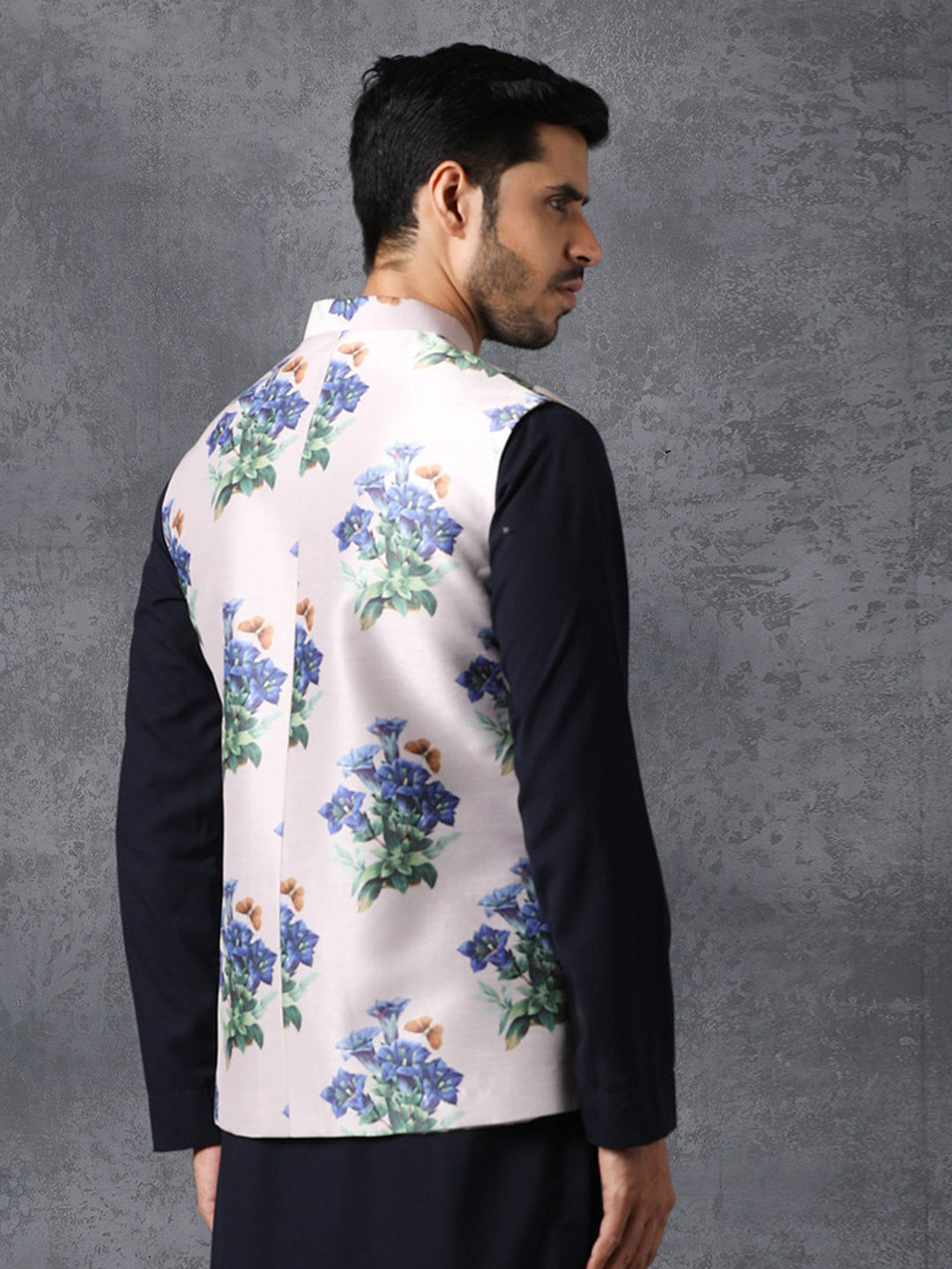 Men White Satin Jodhpuri Floral Print Waistcoat