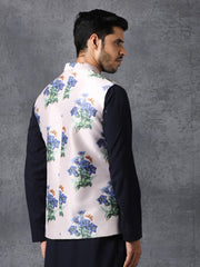 Men White Satin Jodhpuri Floral Print Waistcoat