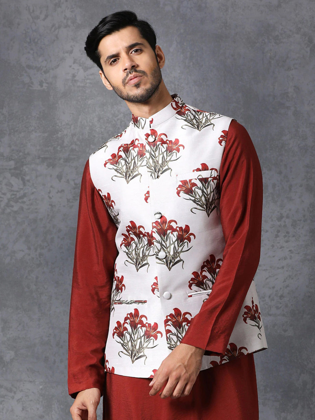 Men White Satin Jodhpuri Floral Print Waistcoat