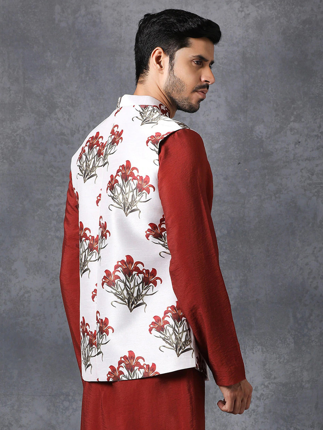 Men White Satin Jodhpuri Floral Print Waistcoat