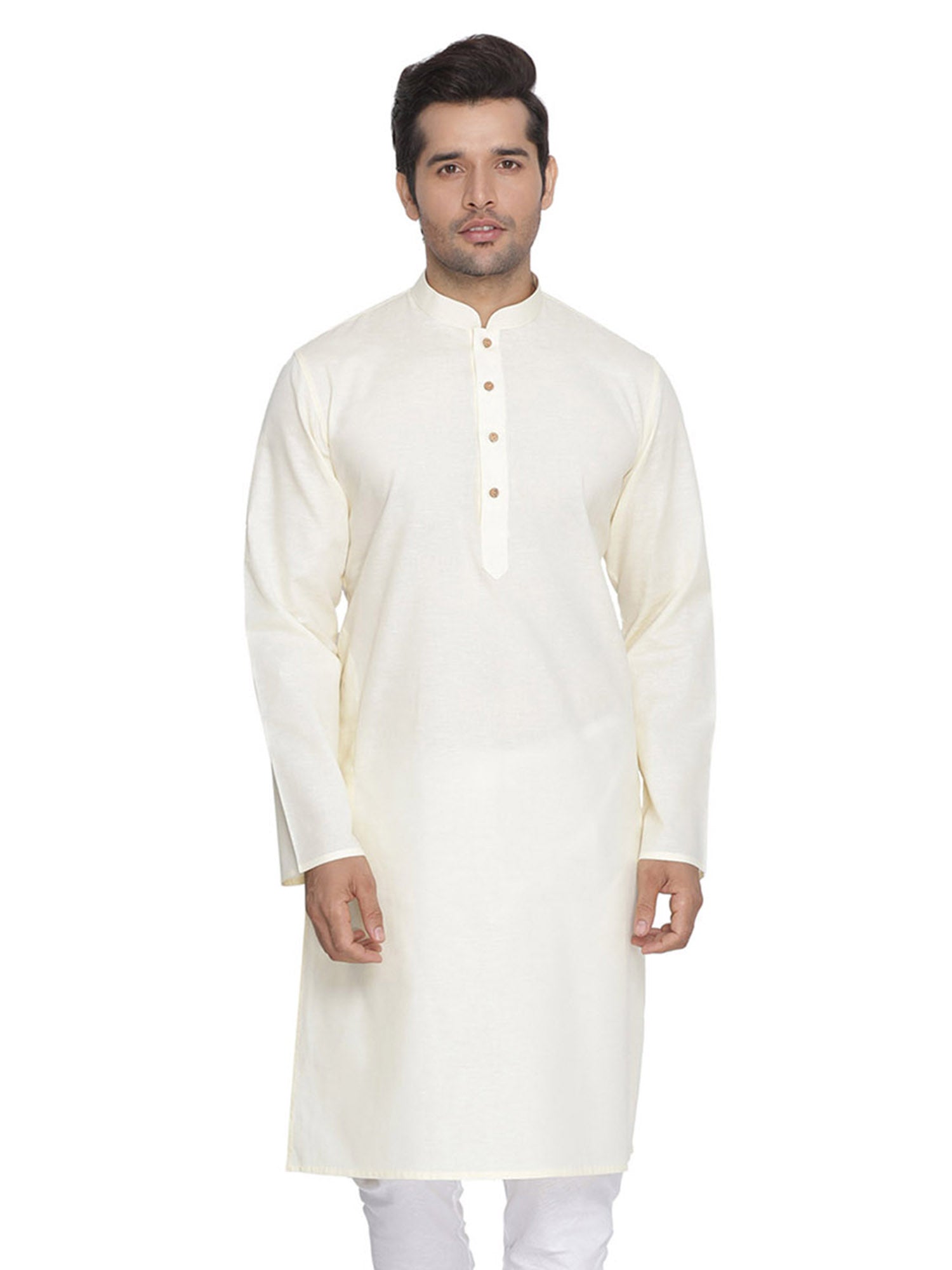 Men's Cream Solid Cotton Kurta Pajama Set