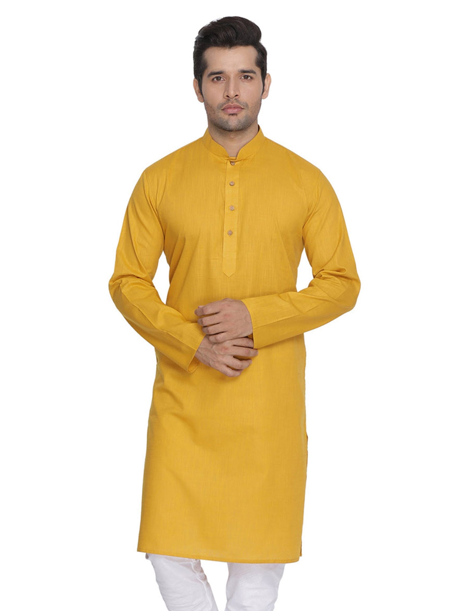 Men's Mustard Solid Cotton Kurta Pajama Set