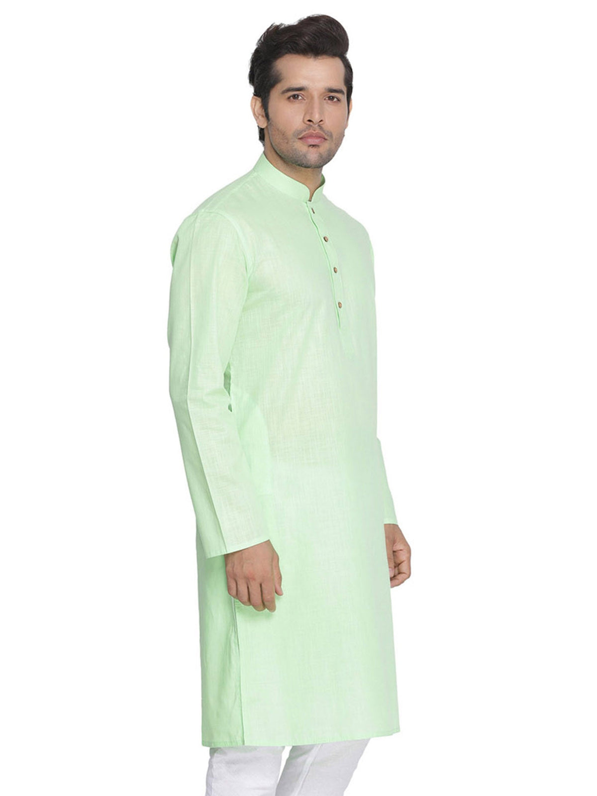 Men's Light Green Solid Tunic Cotton Kurta Pajama Set