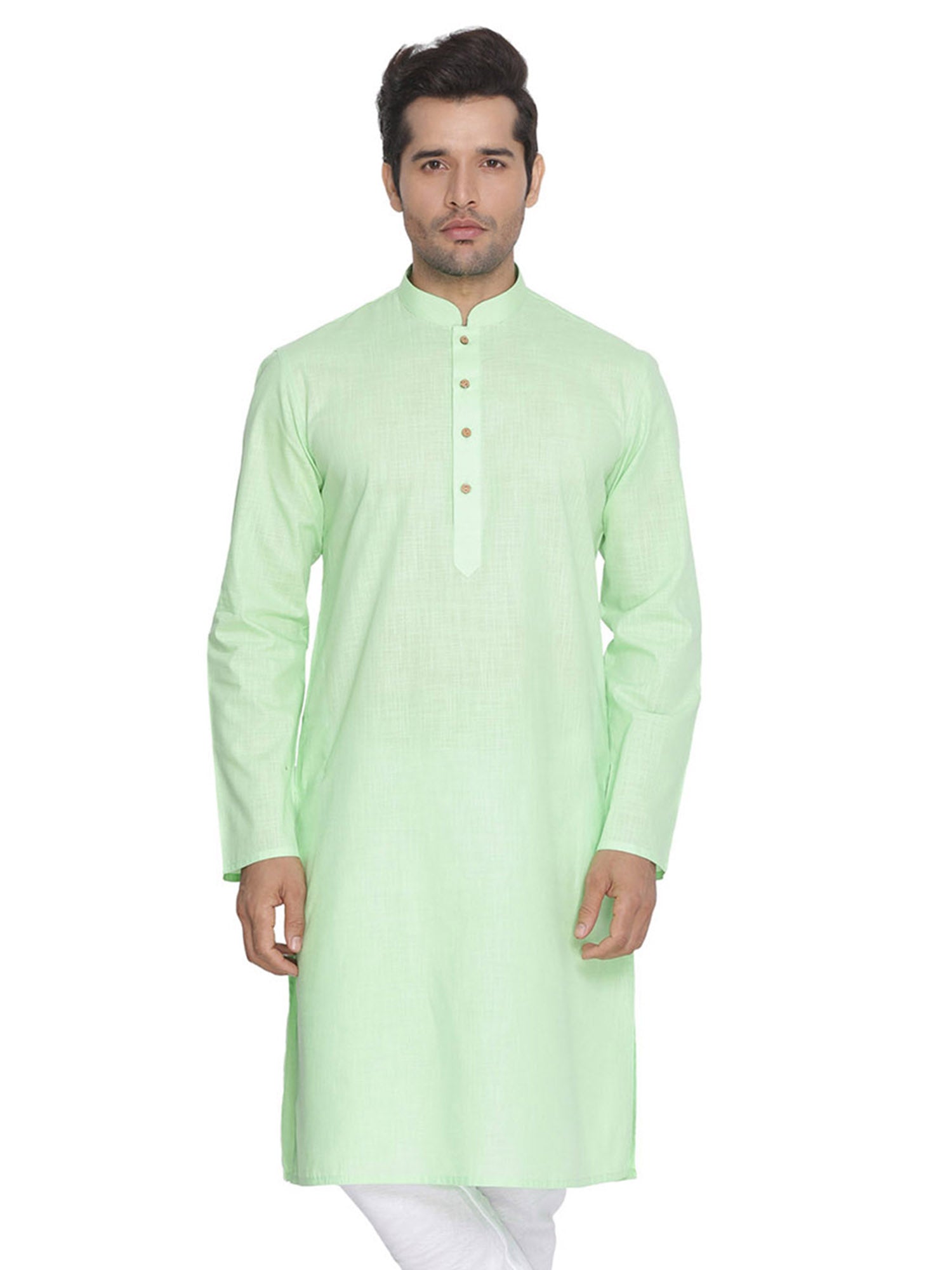 Men's Light Green Solid Tunic Cotton Kurta Pajama Set