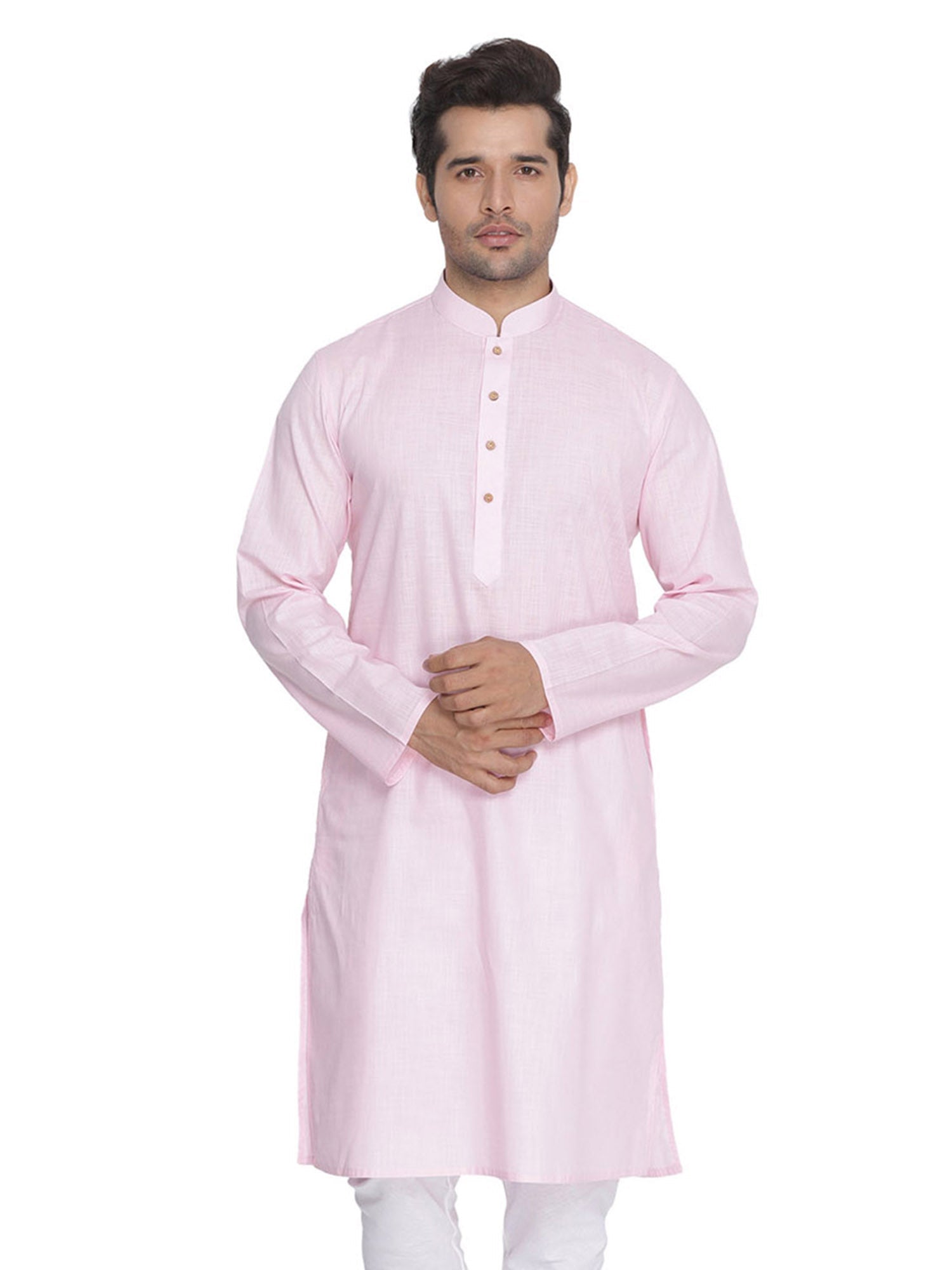 Men's Light Pink Solid Cotton Kurta Pajama Set