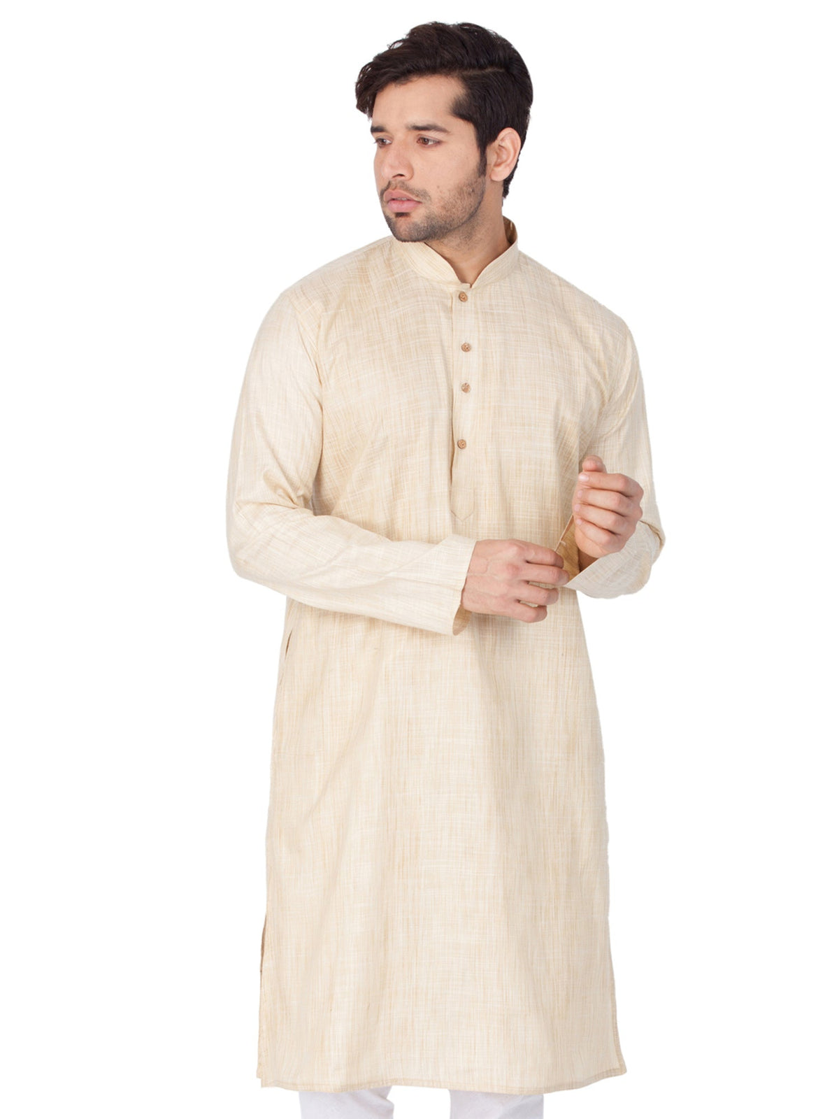 Men's Cream Solid Cotton Kurta Pajama Set