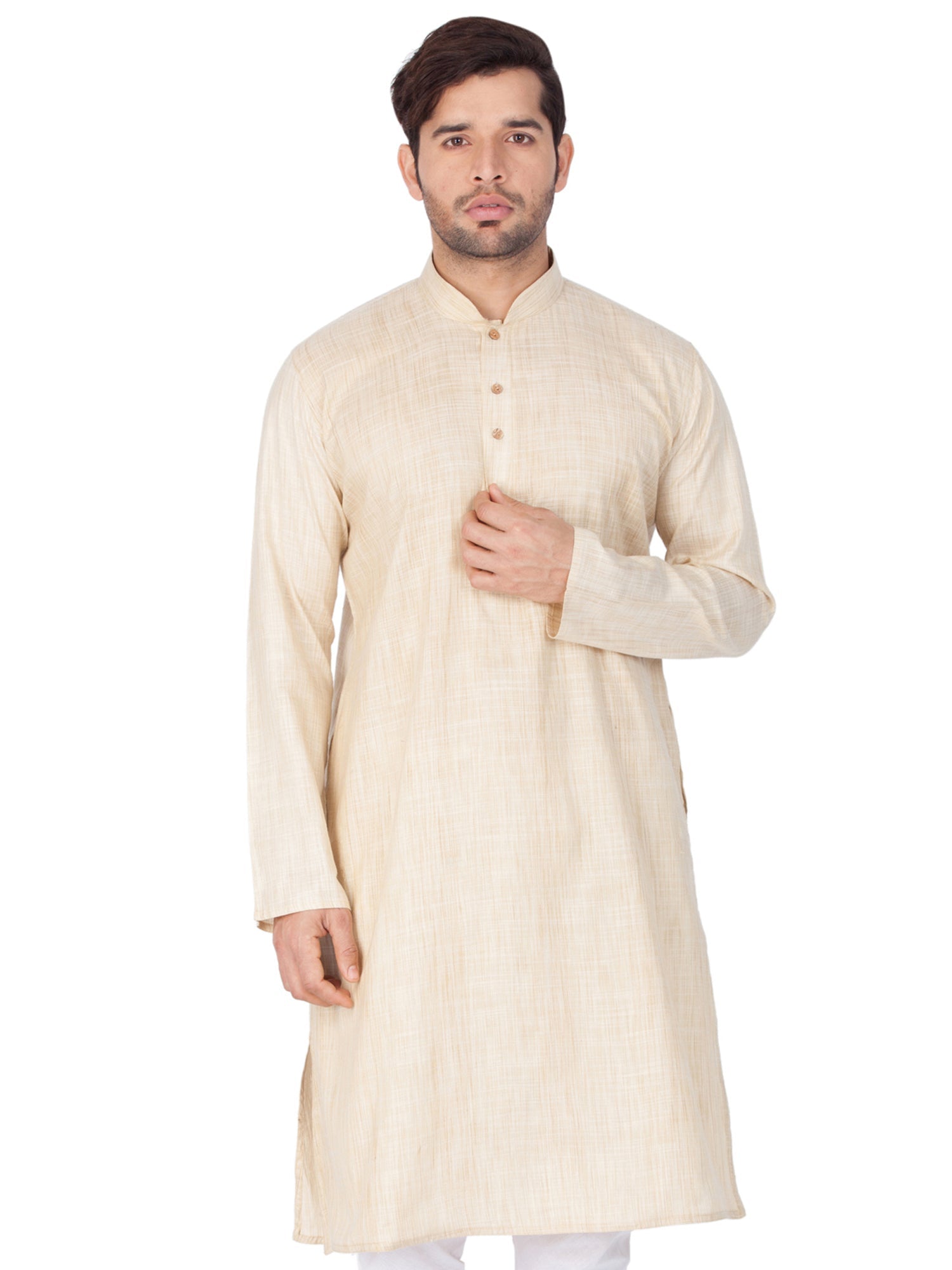 Men's Cream Solid Cotton Kurta Pajama Set