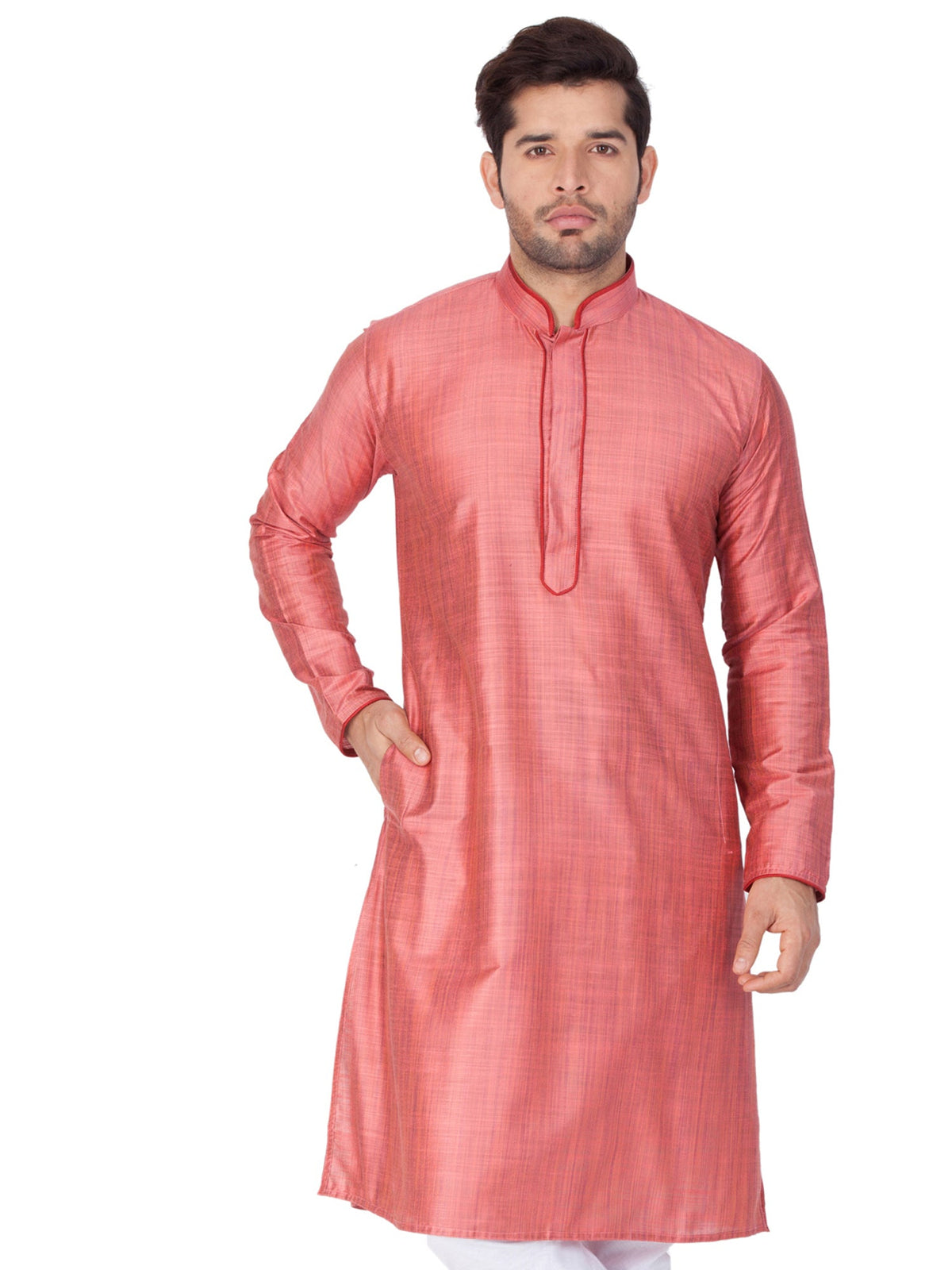 Men's Peach Solid Tunic Cotton Kurta Pajama Set