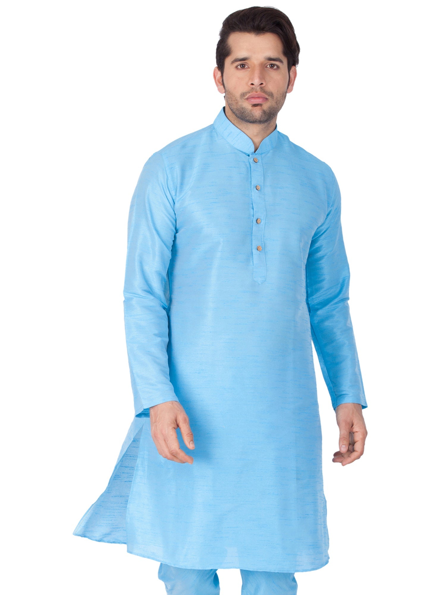 Men's Sky Blue Solid Tunic Cotton Kurta Pajama Set