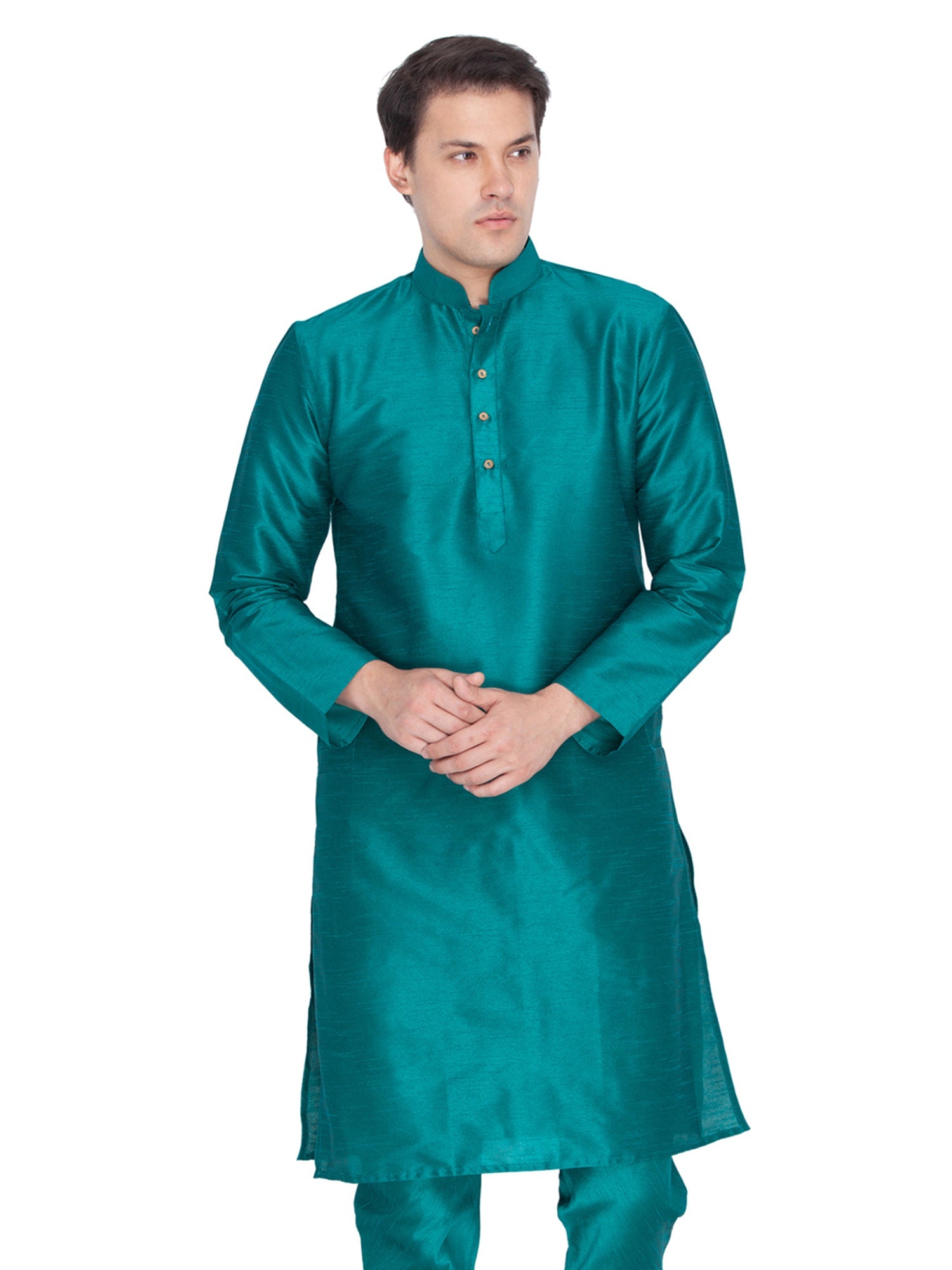 Ensemble pyjama Kurta en soie de bangalori bleu sarcelle pour homme