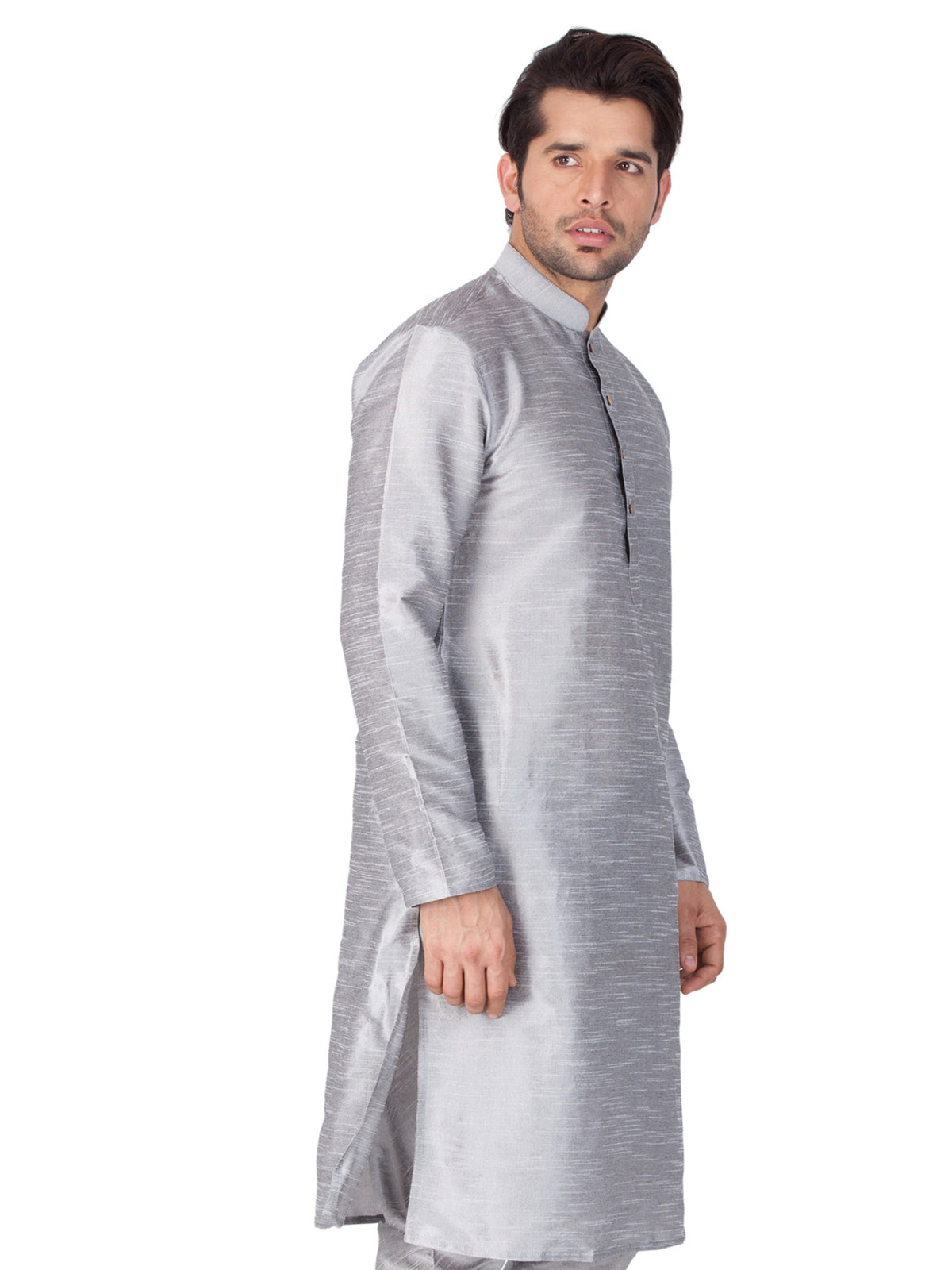 Men's Gray Solid Bangalori Silk Kurta Pajama Set