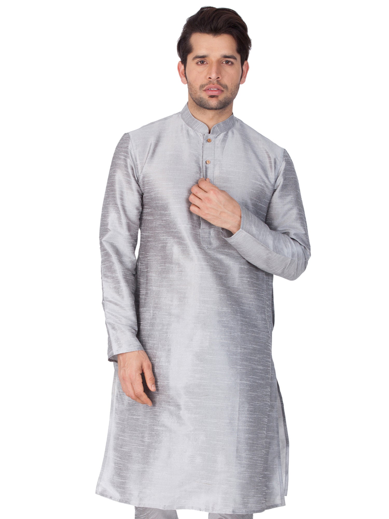 Men's Gray Solid Bangalori Silk Kurta Pajama Set