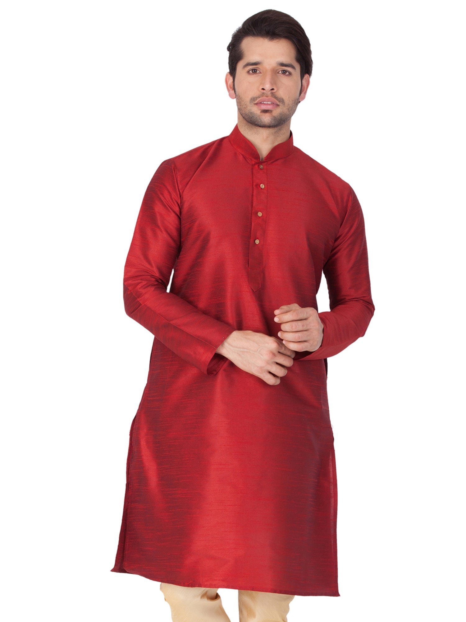 Ensemble pyjama Kurta en soie rouge unie Bangalori pour homme