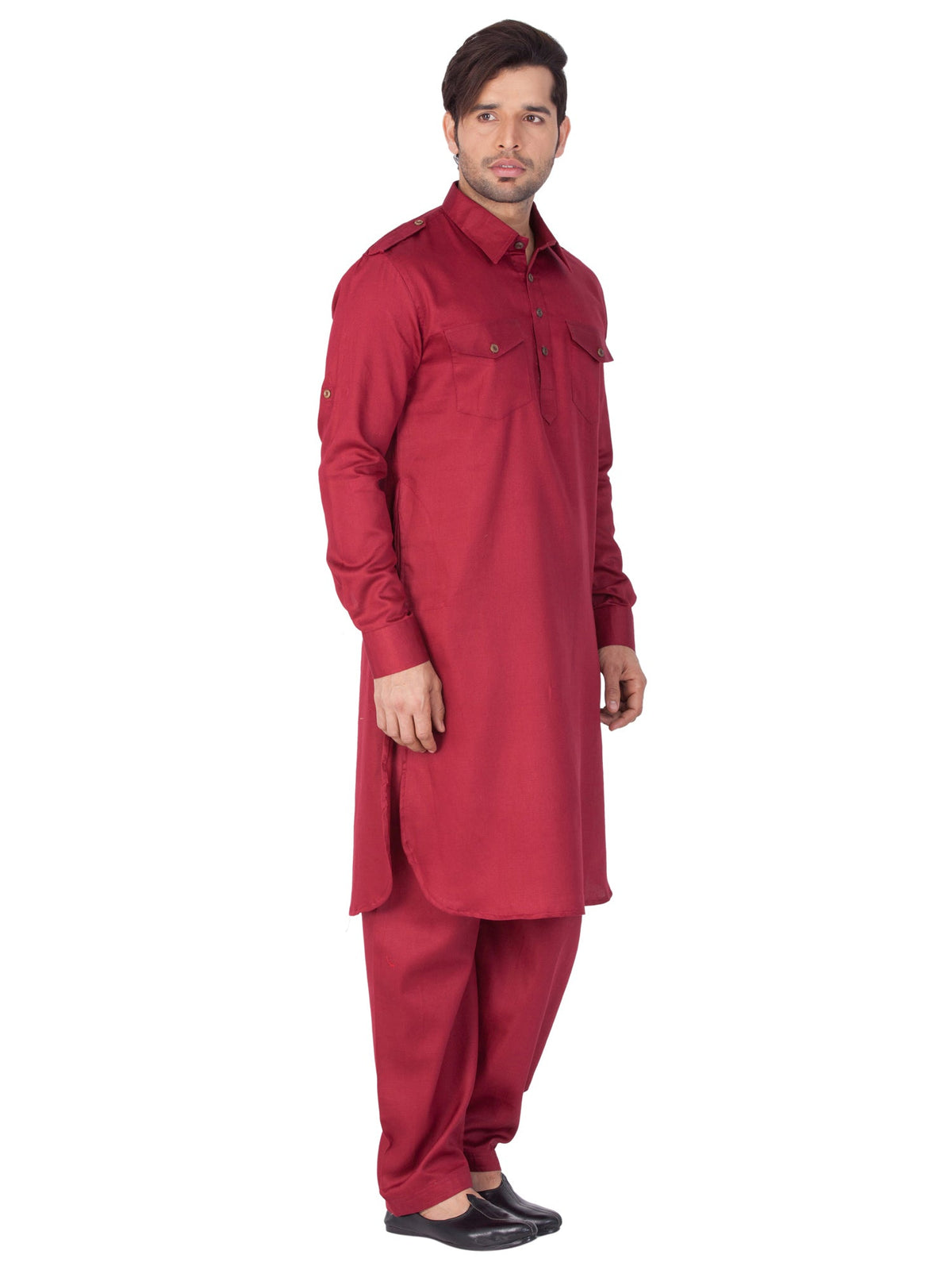 Men's Maroon Solid Cotton Kurta Pajama Set