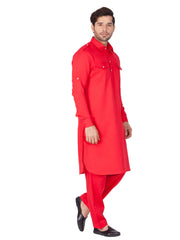 Men's Red Solid Cotton Kurta Pajama Set